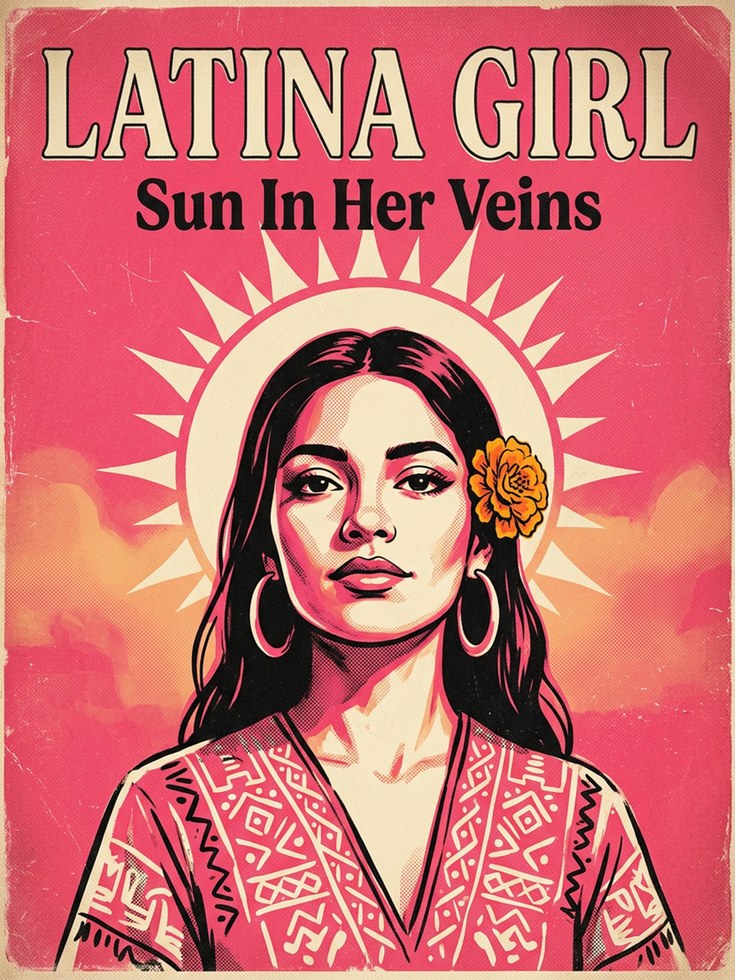 Latina Girl Retro Poster: Pink and Orange Portrait Wall Art - artwork on paper