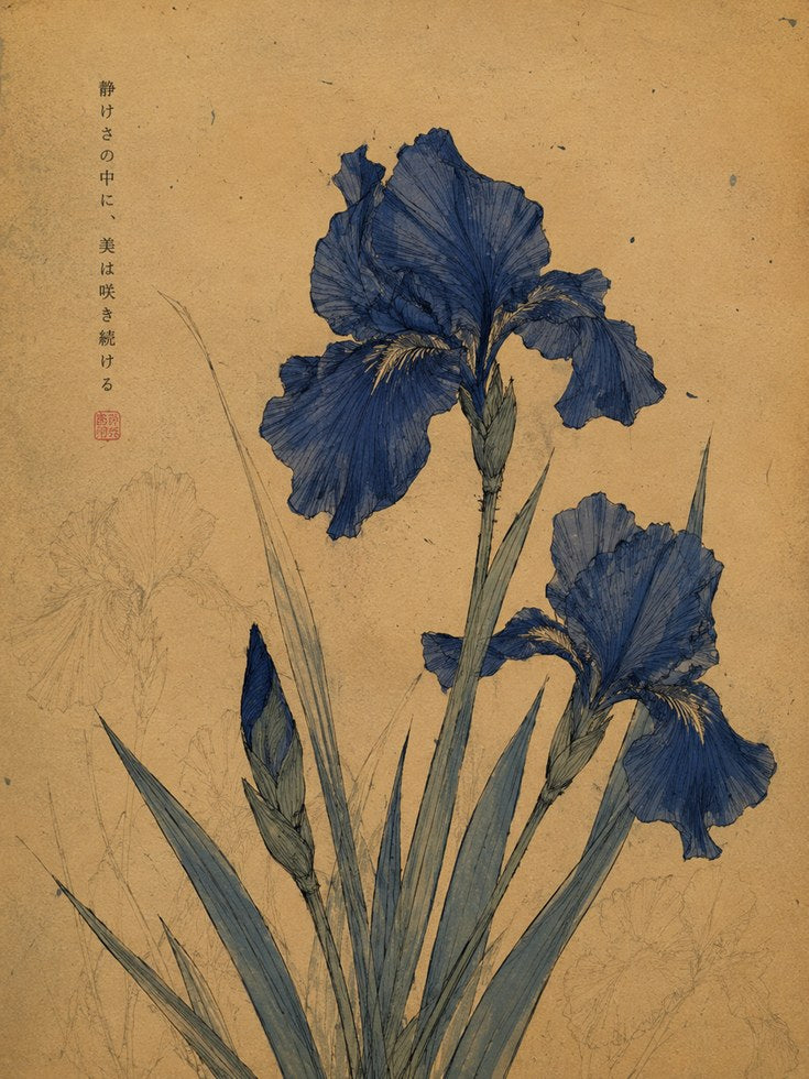 Japanese Iris Print — Vintage Botanical Art with Calligraphy - artwork on paper