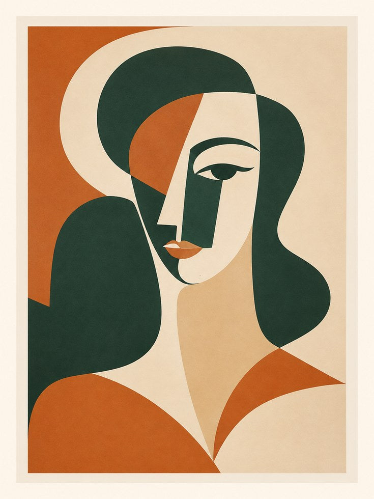 Cubist Woman Portrait: Abstract Art Print in Green and Terracotta - artwork on paper