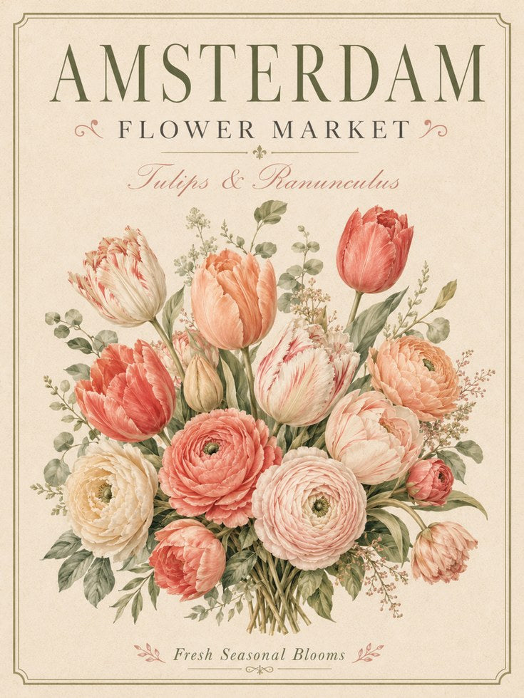 Amsterdam Flower Market Print — Vintage Botanical Tulips & Ranunculus - artwork on paper