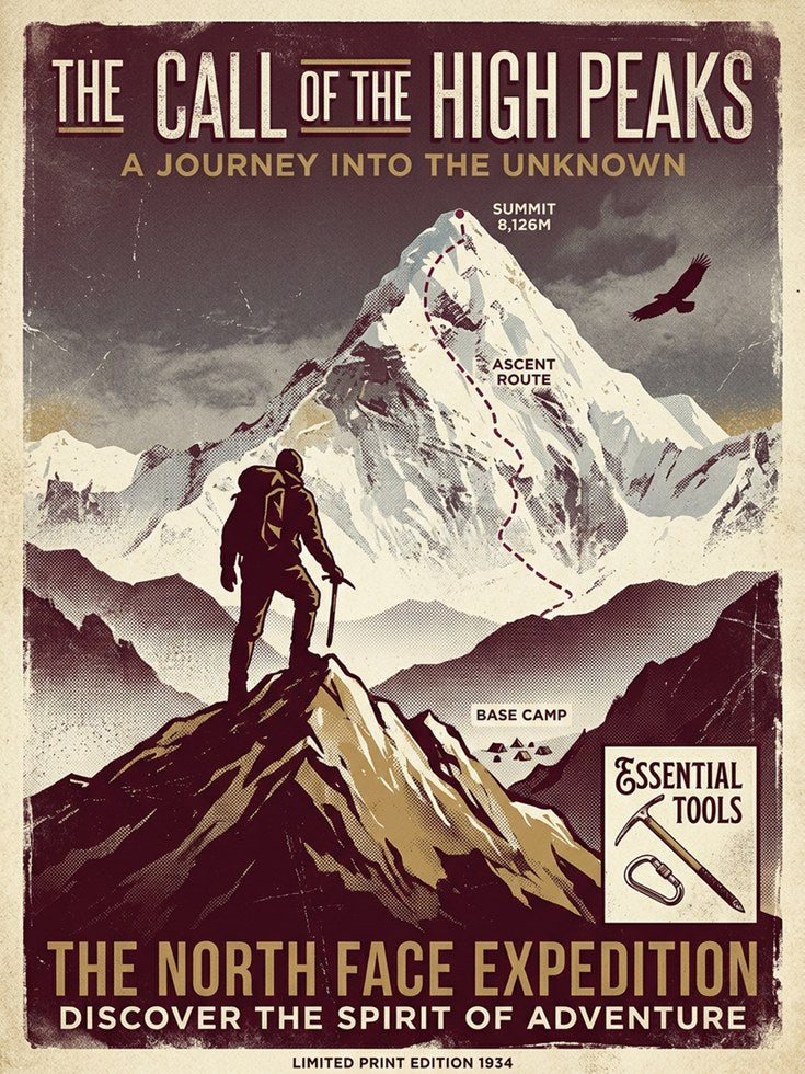 Vintage Mountain Climbing Poster Print — Retro North Face Expedition - artwork on paper