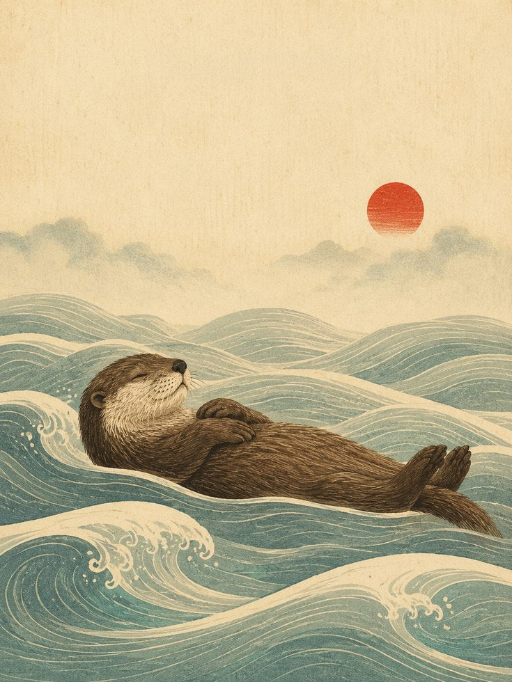 Sea Otter in Waves Art Print: Japanese Woodblock Style with Red Sun - artwork on paper