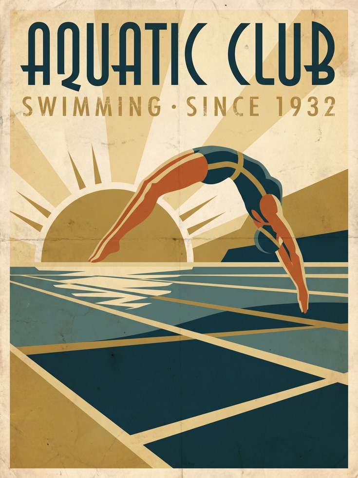 Aquatic Club Diver Poster: Vintage Art Deco Swimming Art Print - artwork on paper