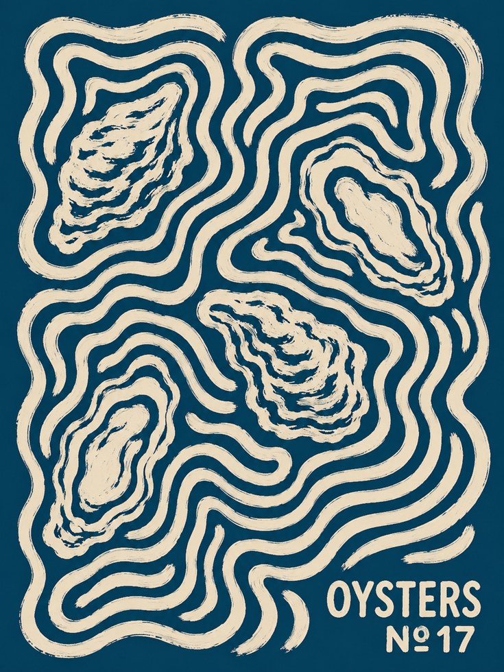 Oyster Topography Art Print: Abstract Contour Map in Navy Blue - artwork on paper