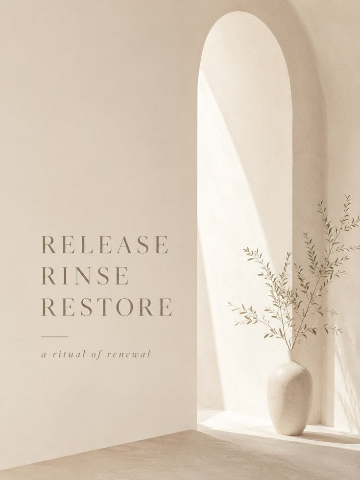 Release Rinse Restore Print: Minimalist Beige Spa Wall Art - artwork on paper