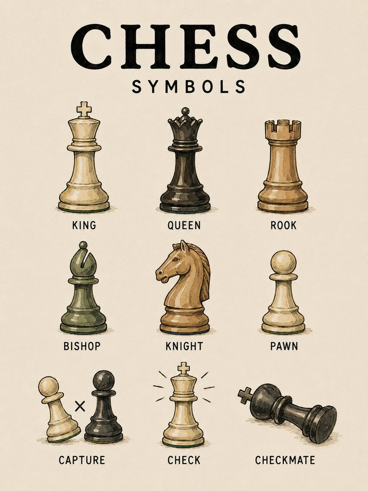 Chess Symbols Educational Print — Illustrated Chess Pieces Guide - artwork on paper