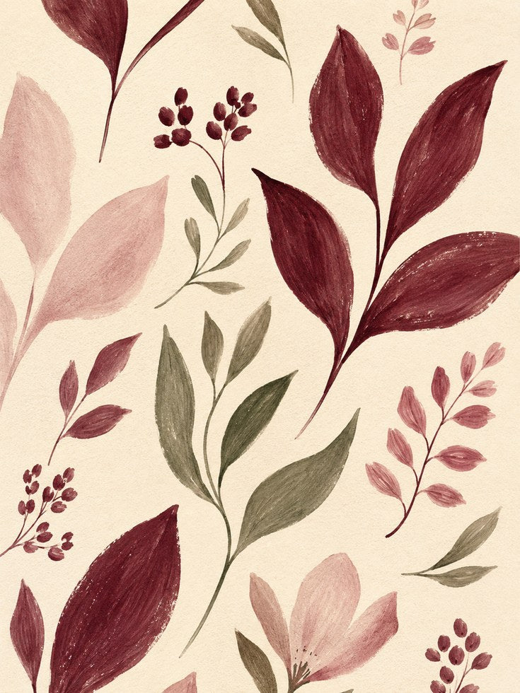 Burgundy Botanical Art Print: Watercolor Leaves and Berries - artwork on paper