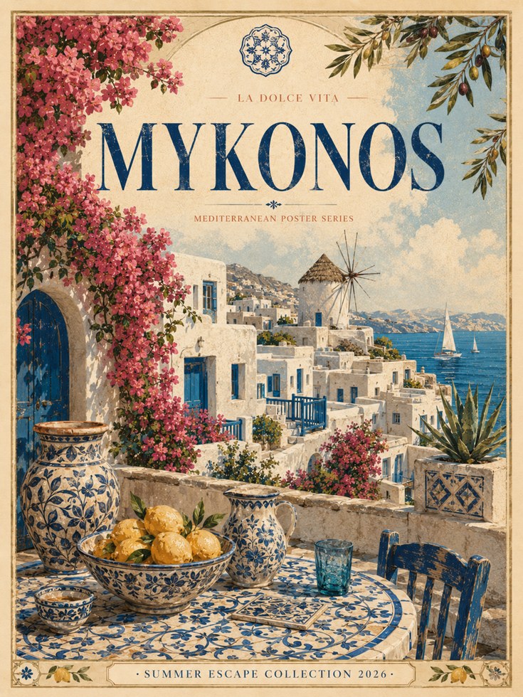 Mykonos Greek Island Travel Poster: Mediterranean Coastal Art - artwork on paper