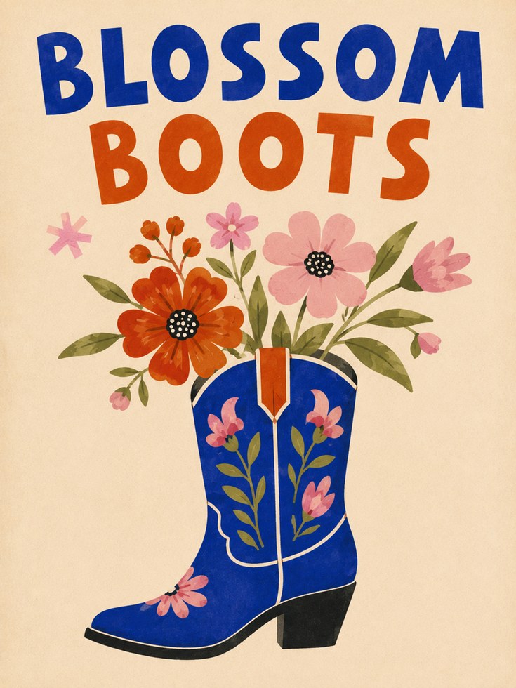 Cowboy Boot Wall Art – Blossom Boots Print - artwork on paper