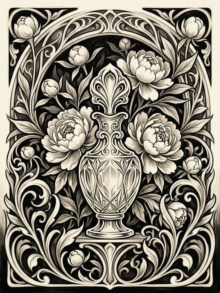 Art Nouveau Floral Vase Print – Ornate Botanical Urn - artwork on paper