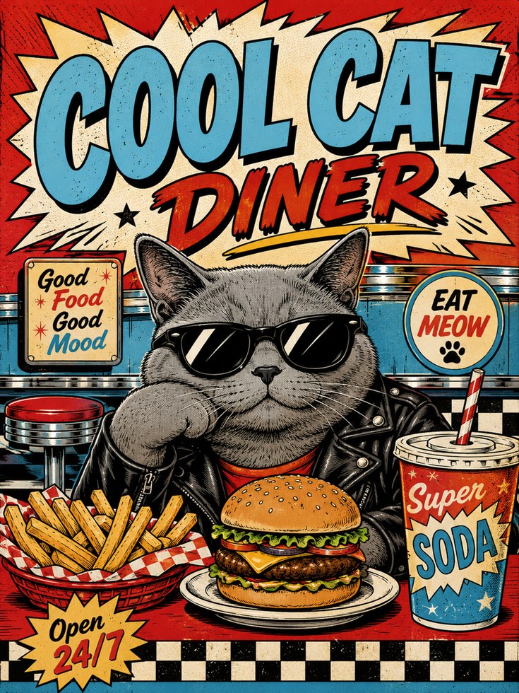 Retro Diner Wall Art – Cat Print - artwork on paper