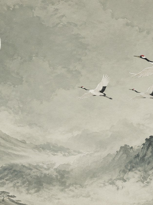 Flying Cranes Art Print: Japanese Ink Wash Mountain Landscape - artwork on paper