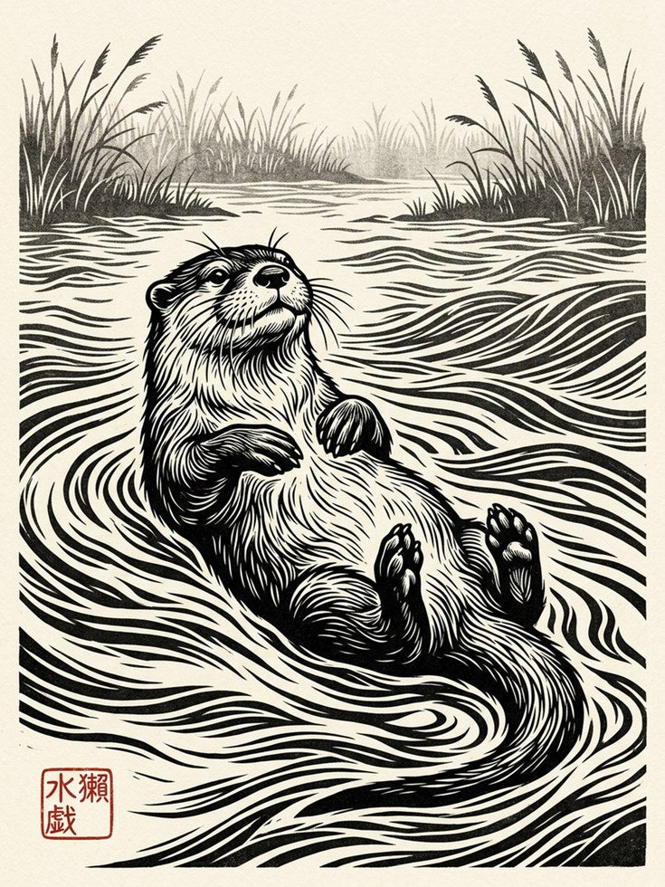 Otter in Water Linocut Print: Black and White Wildlife Art - artwork on paper