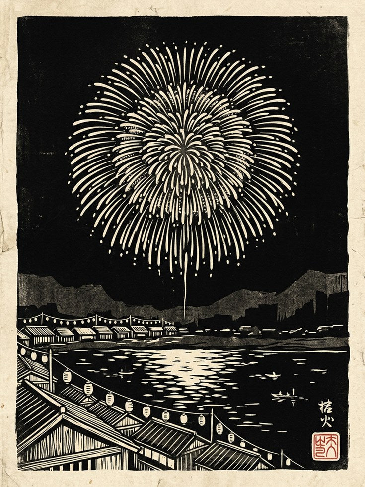 Japanese Fireworks Woodblock Print: Black and White Waterfront Art - artwork on paper