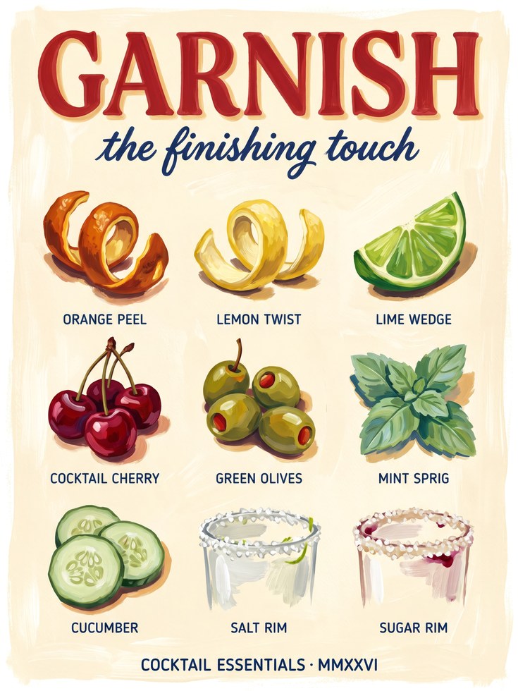 Mixology Art Poster: Vintage Cocktail Garnishes - artwork on paper