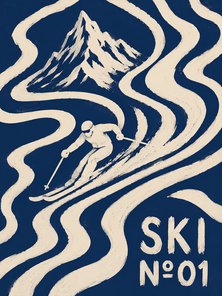 Vintage Ski Poster: Art Deco Mountain Design in Navy Blue - artwork on paper