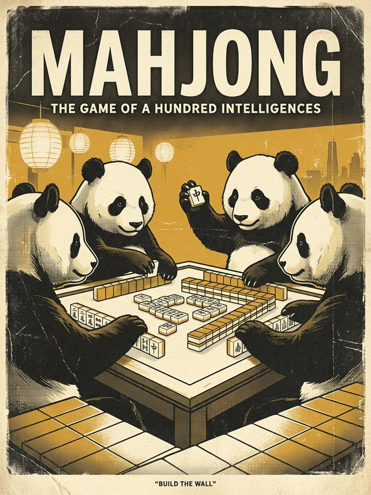 Mahjong Pandas Vintage Poster: Retro Game Room Wall Art - artwork on paper