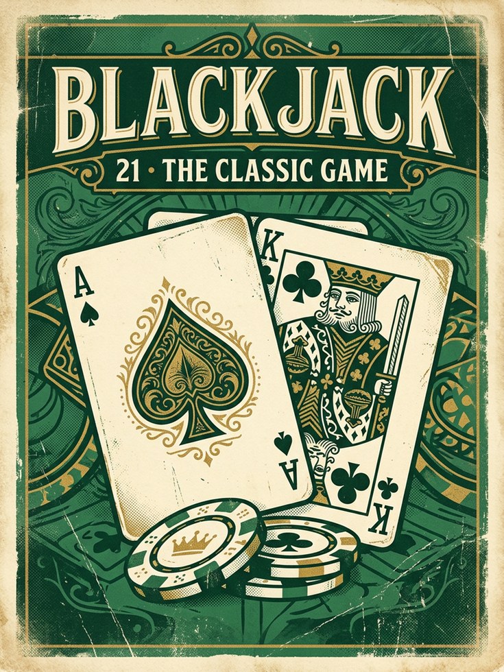 Vintage Blackjack Poster Print — Retro Casino Game Room Art - artwork on paper