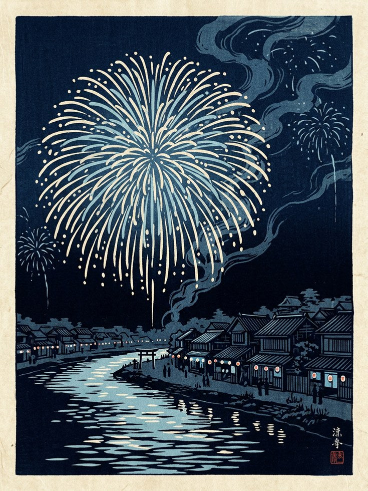 Japanese Fireworks Over River Town: Ukiyo-e Style Art Print - artwork on paper