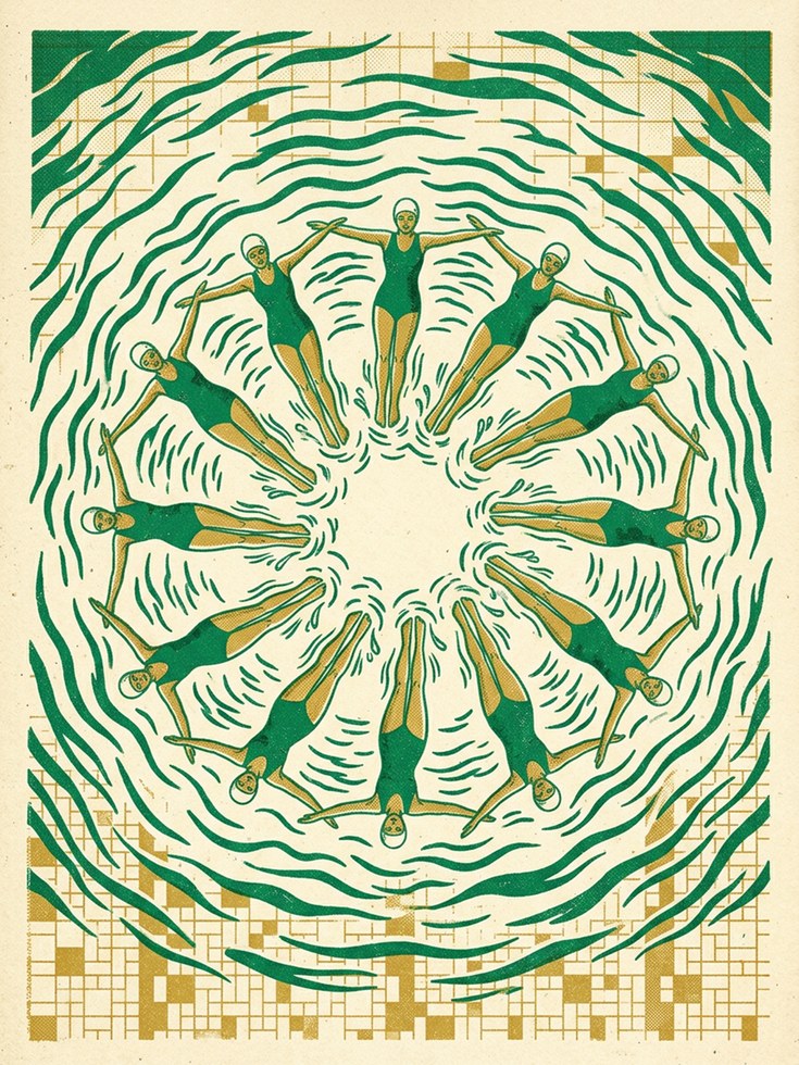 Synchronized Swimmers Art Print: Art Deco Green and Gold Design - artwork on paper