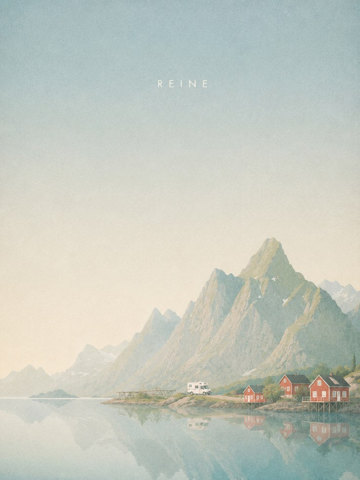 Nordic Fjord Village Print: Pastel Mountain Landscape Wall Art - artwork on paper