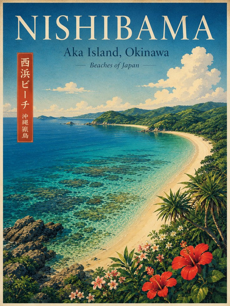 Nishibama Okinawa Beach Poster: Vintage Japanese Travel Art - artwork on paper