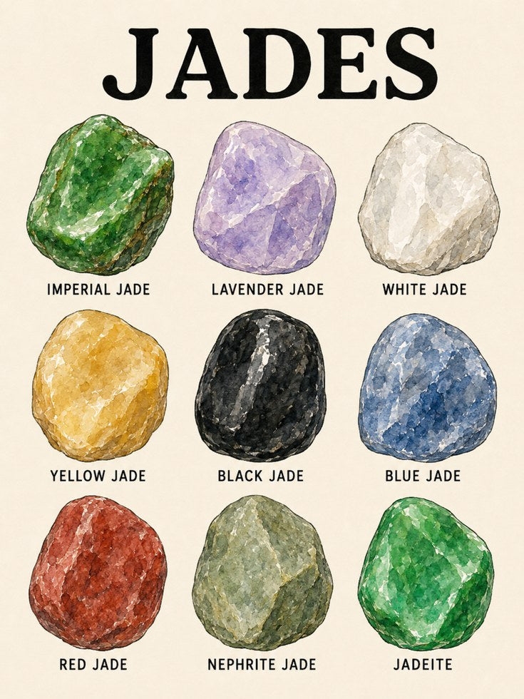 Jade Gemstone Chart Poster: Watercolor Crystal Collection Print - artwork on paper