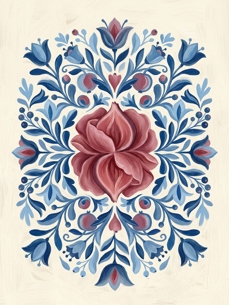 Folk Art Floral Print: Scandinavian Blue and Mauve Rosemaling - artwork on paper