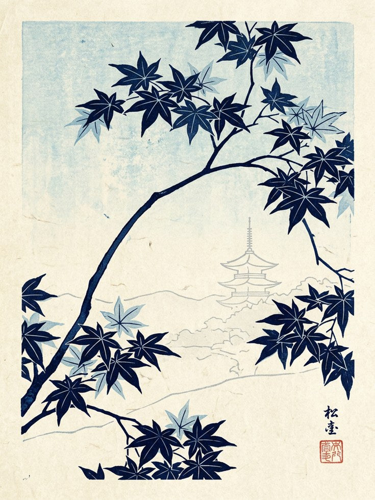 Japanese Maple and Pagoda Print: Indigo Blue Woodblock Style Art - artwork on paper