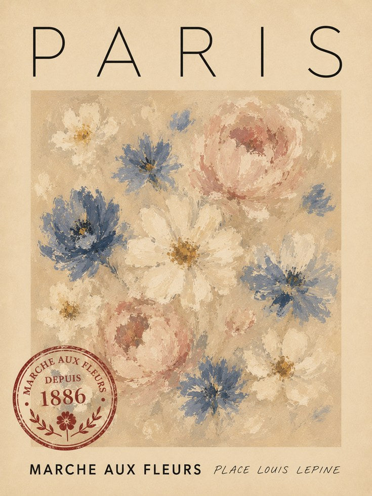 Paris Travel Poster – Vintage Floral Market Print - artwork on paper