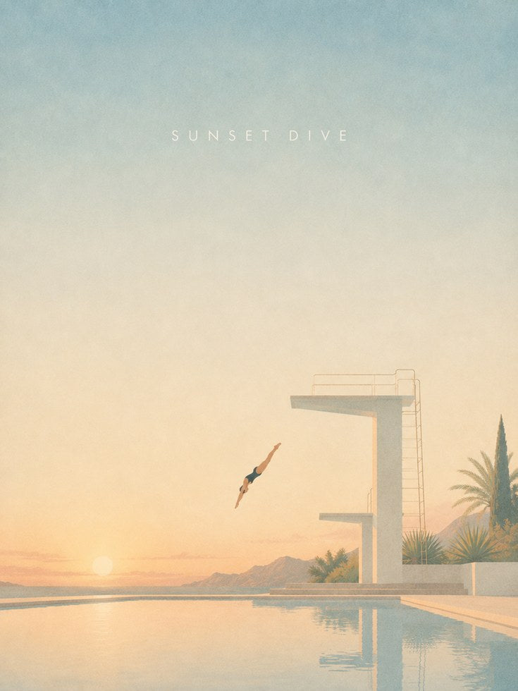 Sunset Pool Wall Art – Minimalist Diving Print - artwork on paper