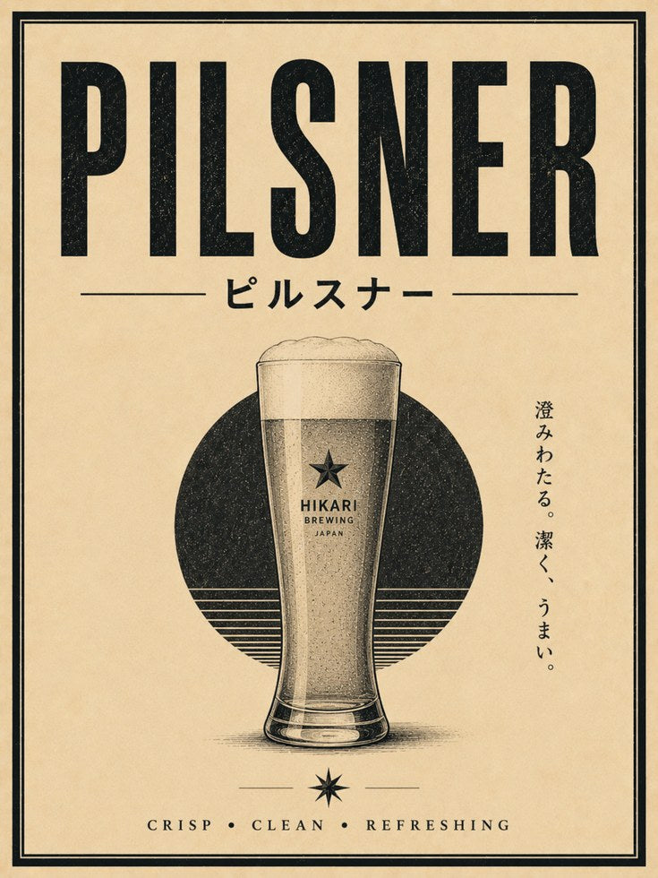 Vintage Pilsner Beer Print: Japanese Typography - artwork on paper