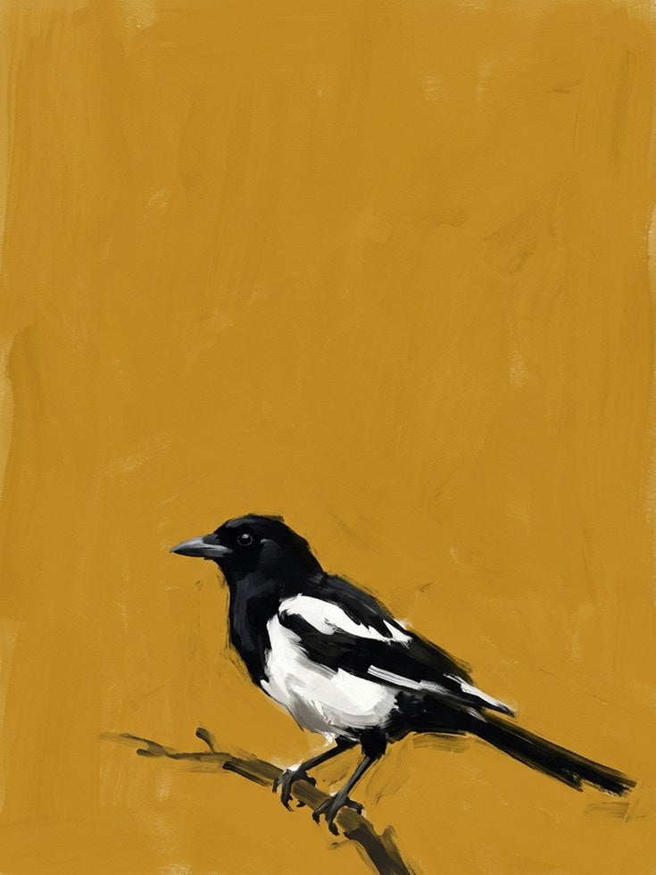Magpie Bird Art Print – Black White Mustard Yellow Modern Farmhouse - artwork on paper