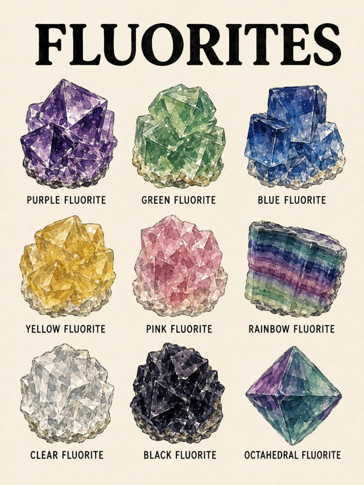 Fluorite Crystal Collection Print: Watercolor Mineral Specimens - artwork on paper
