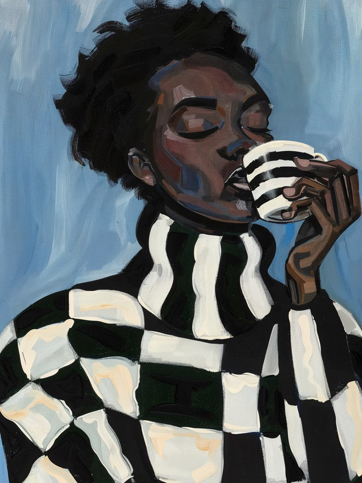 Black Woman Portrait Print: Cozy Striped Sweater (Bedroom or Kitchen D - artwork on paper