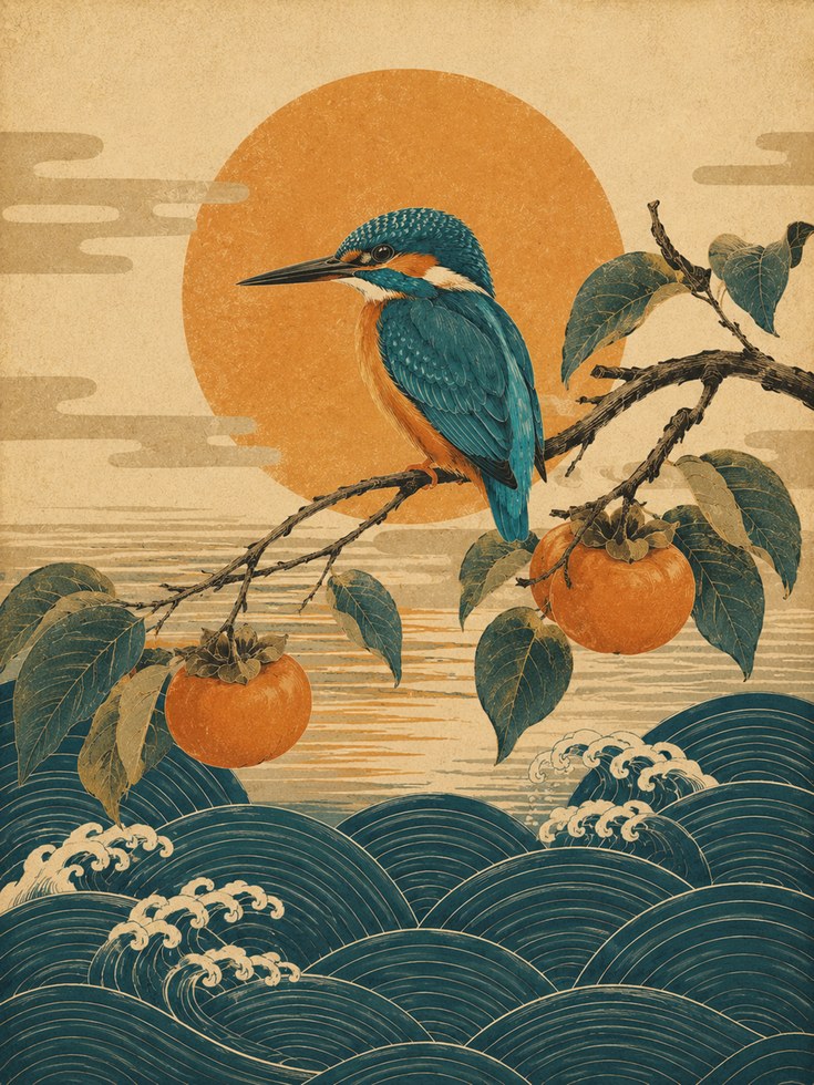 Kingfisher Wall Art: Asian Botanical Print (Ukiyo-e Style) - artwork on paper