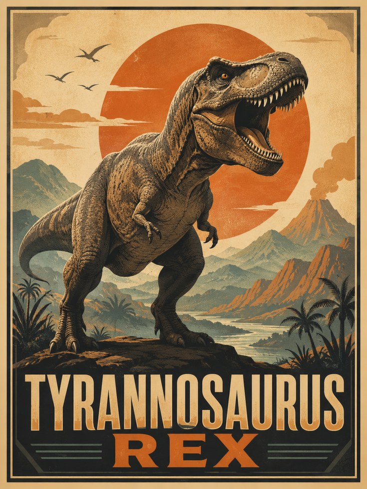 Dinosaur Wall Art: Retro T-Rex Poster - artwork on paper