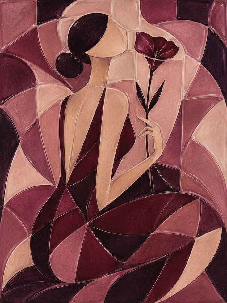 Cubist Woman with Flower Art Print: Burgundy and Beige Geometric - artwork on paper