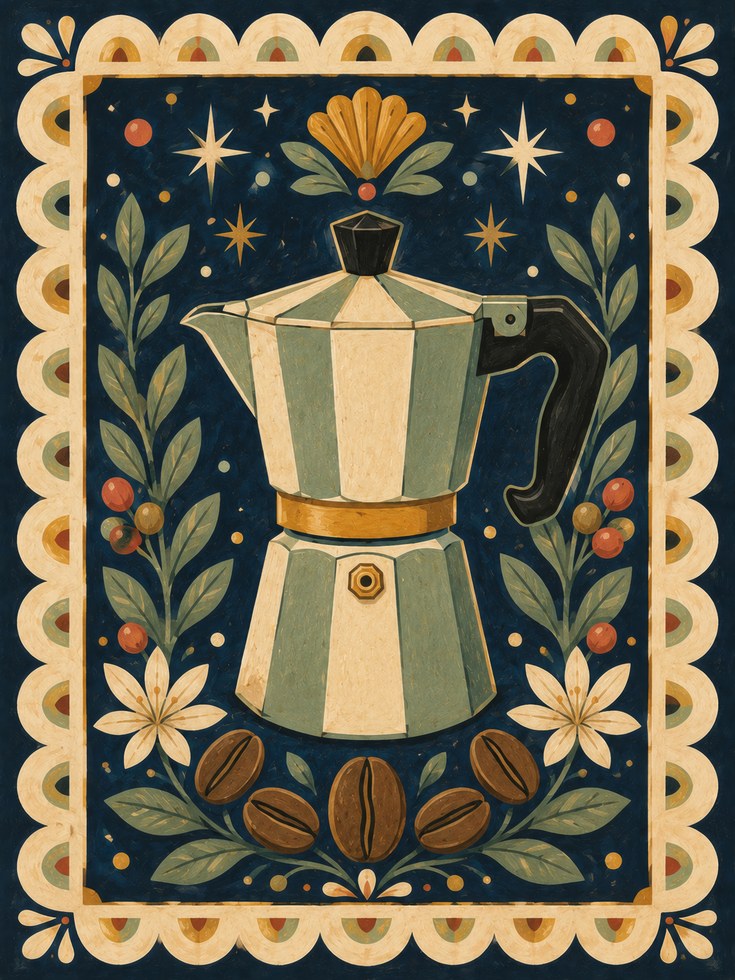 Folk Art Moka Pot Print - artwork on paper