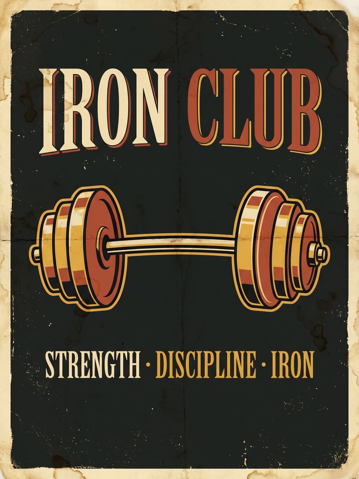 Iron Club Barbell Poster: Vintage Gym Fitness Wall Art - artwork on paper