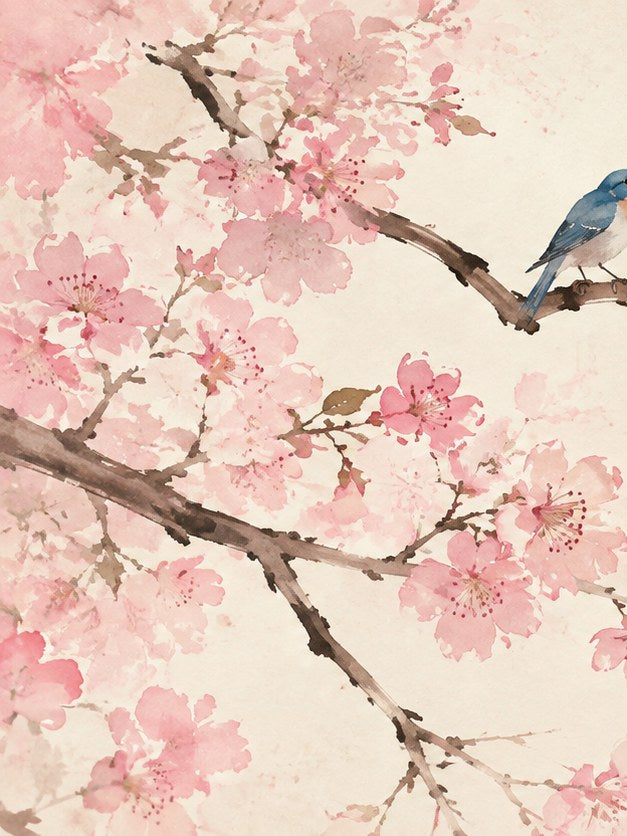Cherry Blossom Bird Art Print: Watercolor Pink Floral Design - artwork on paper