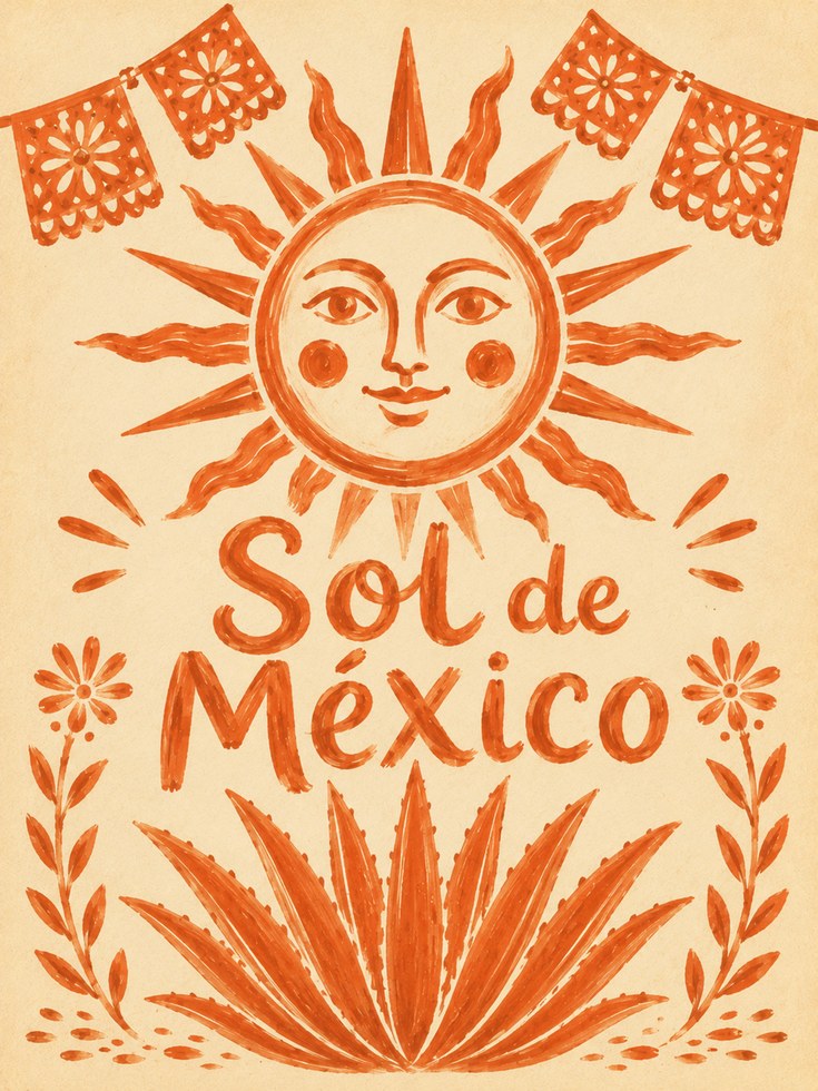 Sol de Mexico Poster: Folk Art Sun Print in Orange and Cream - artwork on paper