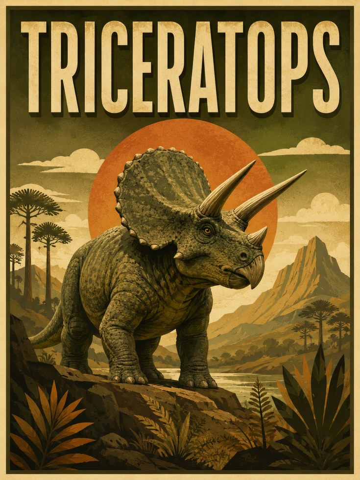 Dinosaur Wall Art: Triceratops Vintage Poster - artwork on paper