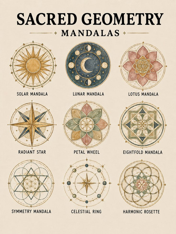 Sacred Geometry Mandala Print — 9 Spiritual Symbols Chart - artwork on paper
