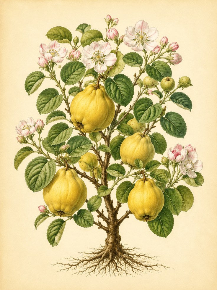 Vintage Quince Botanical Print — Hand-Painted Fruit Tree Illustration - artwork on paper