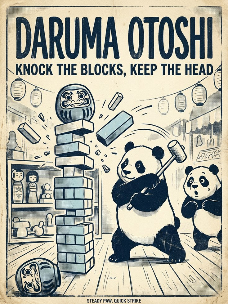 Daruma Otoshi Panda Poster: Vintage Japanese Game Art Print - artwork on paper