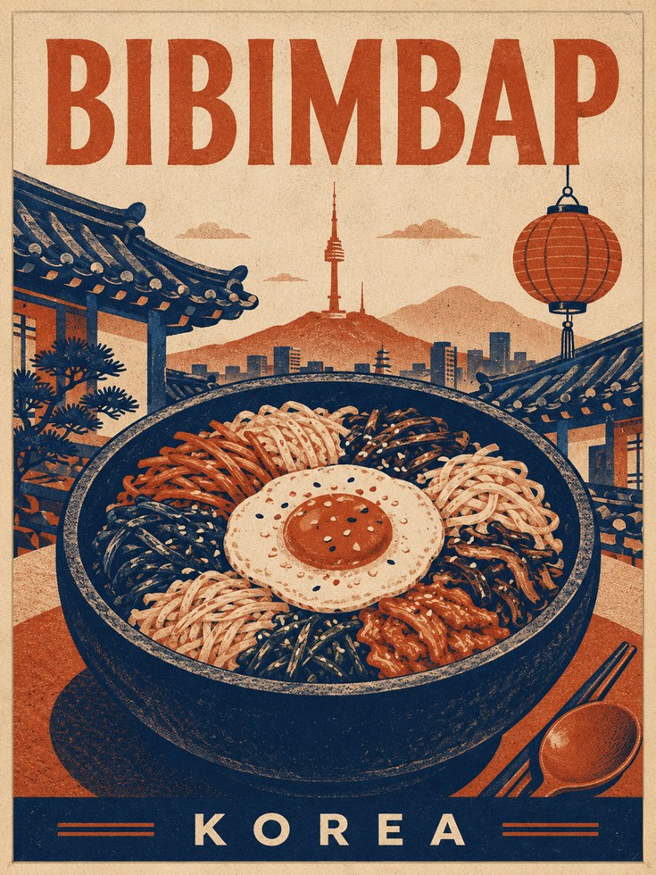 Korean Food Wall Art: Bibimbap Vintage Travel Poster - artwork on paper