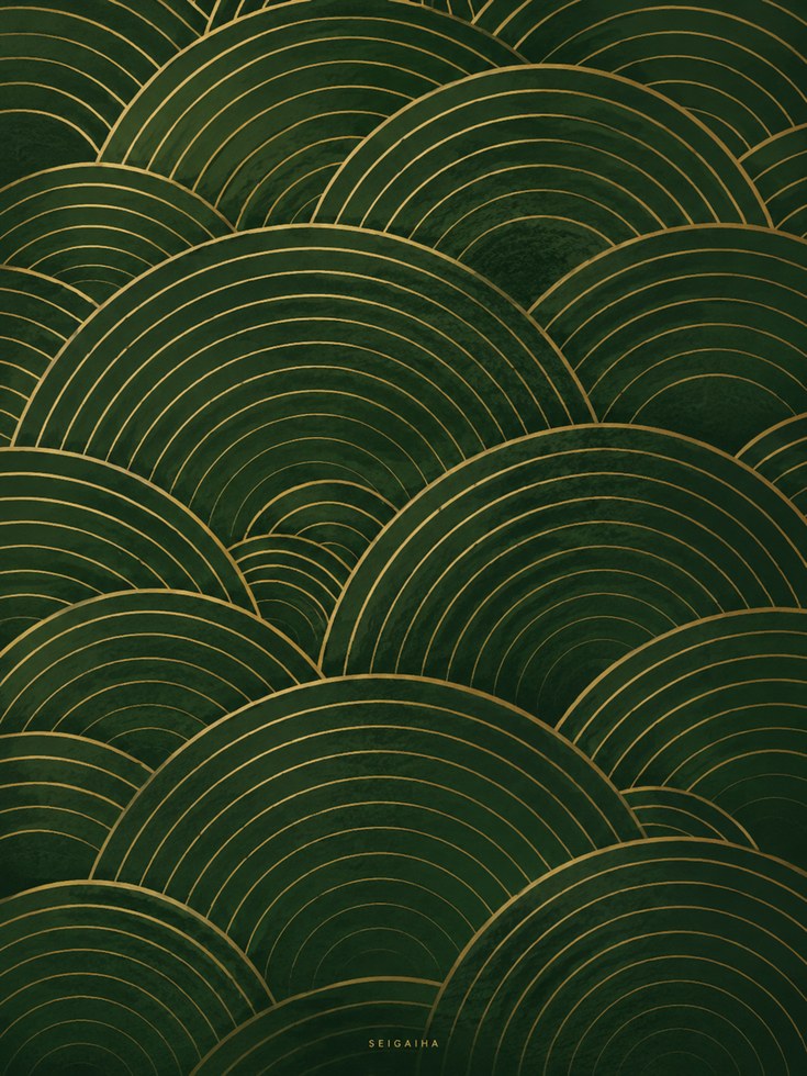 Japanese Wave Pattern Print: Gold & Green Seigaiha Art Deco - artwork on paper