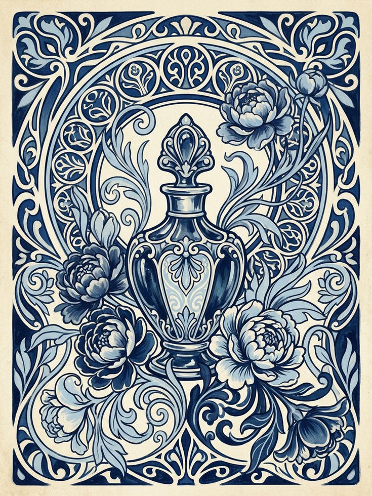 Blue and White Porcelain Print — Ornate Fleur-de-lis Vase - artwork on paper