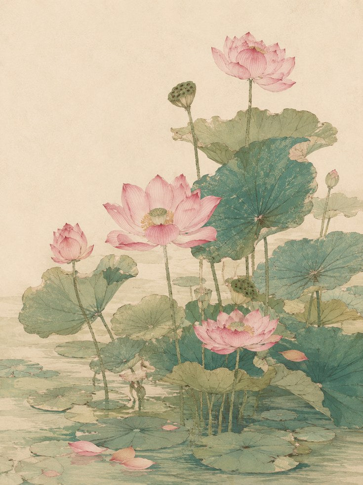 Pink Lotus Flowers Art Print: Vintage Botanical Watercolor - artwork on paper